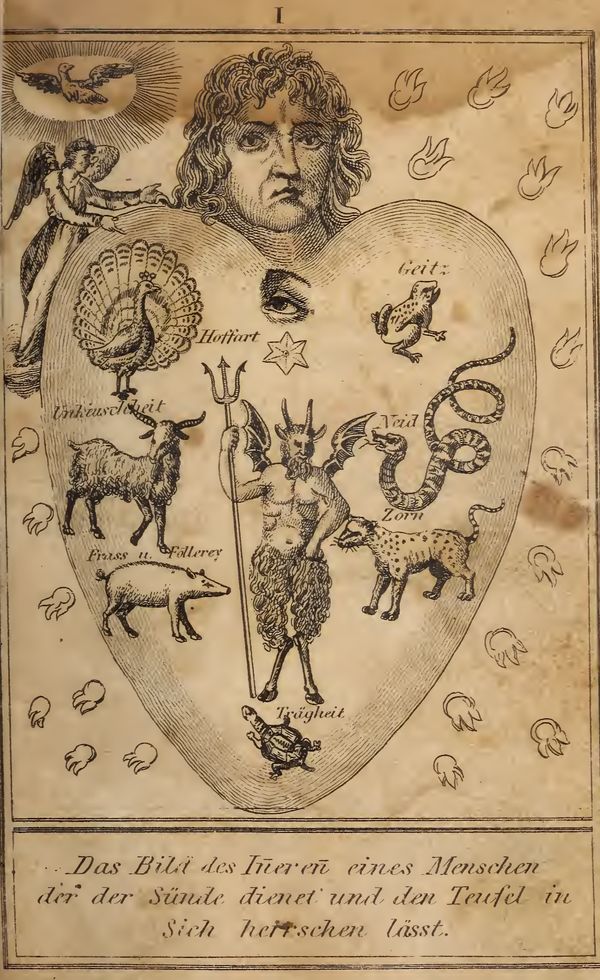 Engraving: a heart with a troubled face above it; inside are a peacock, a toad, a goat, a serpent, a spotted cat, a swine, a tortoise and a horned devil with a trident; an angel and a dove wait outside.
