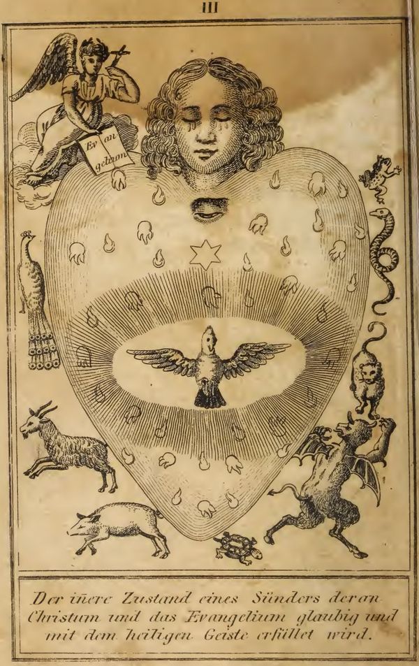 Engraving: a heart with a dove at its centre, surrounded by rays and small flames; the peacock, goat, swine, tortoise, serpent, toad, cat and a devil stand outside the heart.