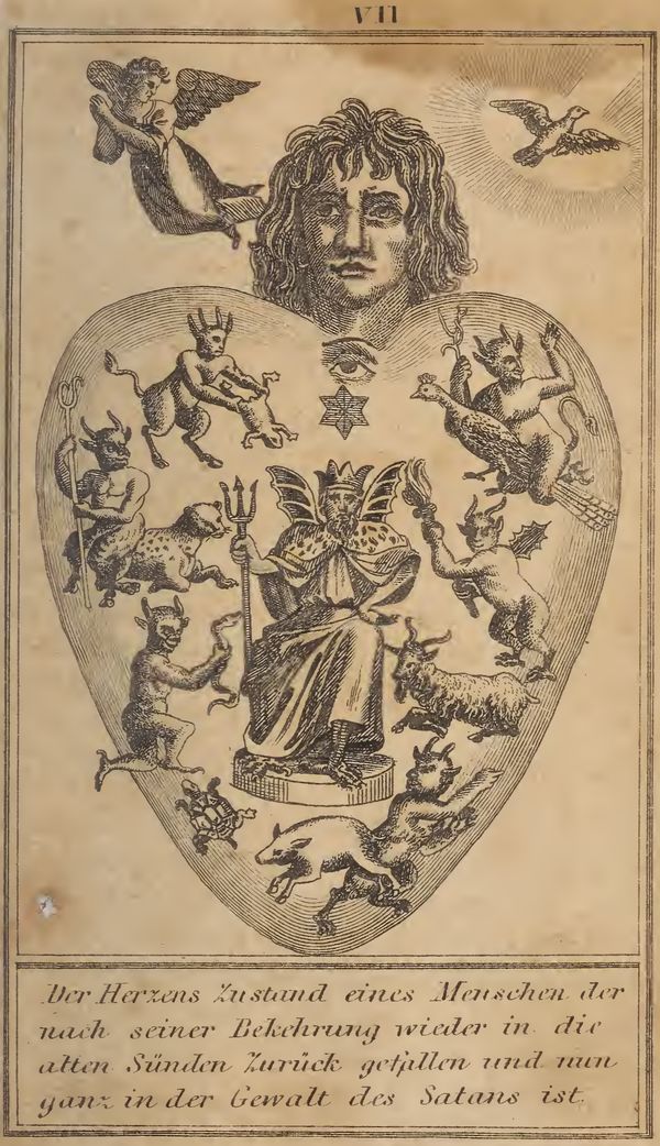 Engraving: a heart full of horned demons riding the animals of the first figure, with a crowned, winged figure holding a trident seated on a throne in the middle; an angel and a dove turn away above.