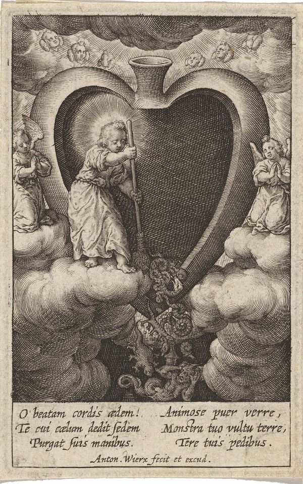 Engraving: a child with a halo stands inside a large heart and sweeps it with a broom; small monsters and a dragon tumble out of the bottom of the heart; angels kneel on clouds on either side.